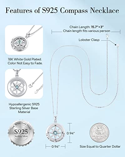S925 Sterling Silver Necklace For Wife, Anniversary Year Gifts For Wife Compass Jewelry, Birthday Gift Ideas For Her Girlfriend Woman Necklaces, 18K White Gold March #TOP3