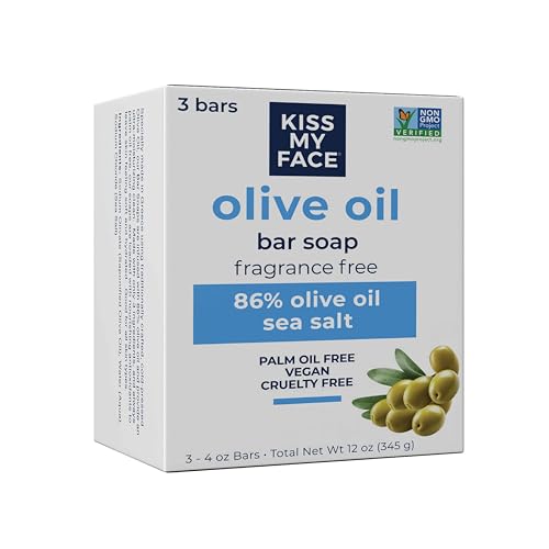 Kiss My Face Olive Oil Fragrance Free Bar Soap, Moisturizing Bar Soap, Cruelty Free Vegan Soap, Palm Oil Free, 4 Oz - 3 Count (Pack of 1)