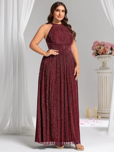 Image of Ever-Pretty Plus Women's Floor Length A-Line Halter Sleeveless Pleated Glitter Plus Size Formal Dress Evening Gown