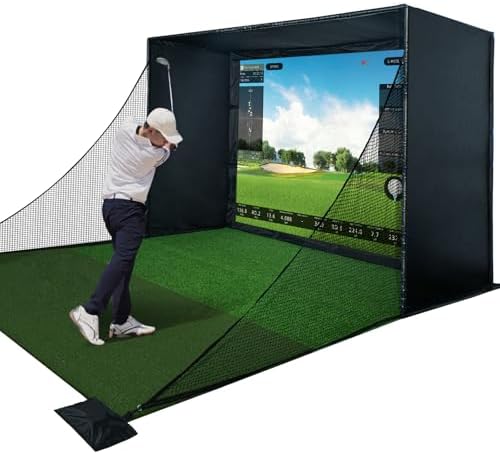 Golf Simulator Enclosure Kit with Premium HD Impact Screen, Full Safety Pad & Blackout Curtain, Home Golf Sim Setup, Launch Monitor, and Indoor Cage Net Golf Accessories.