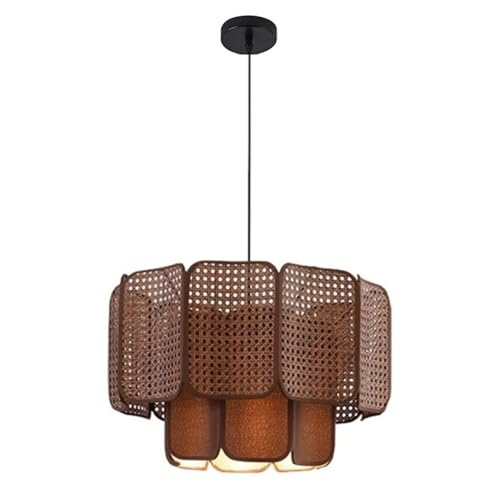 DWXJICF Unique Simple Fabric Hanging Lamp Natural Rattan Bulb Guard Pendant Light Fixture in Brown Industrial Curved Lamp Shade Bohemia Tropical Led Chandelier Lights for Dining Room