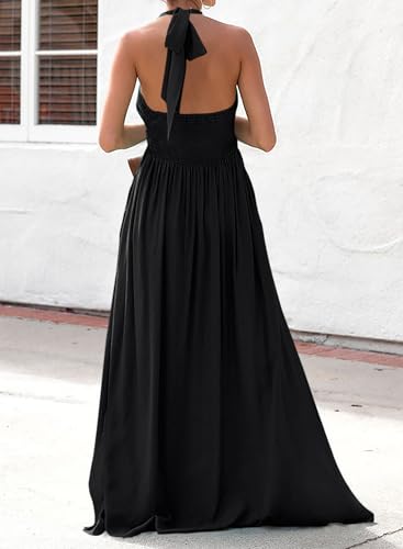 Maxi Dresses for Women 2025 Sexy Halter V Neck Backless Smocked High Waisted A Line Beach Vacation Sundress2