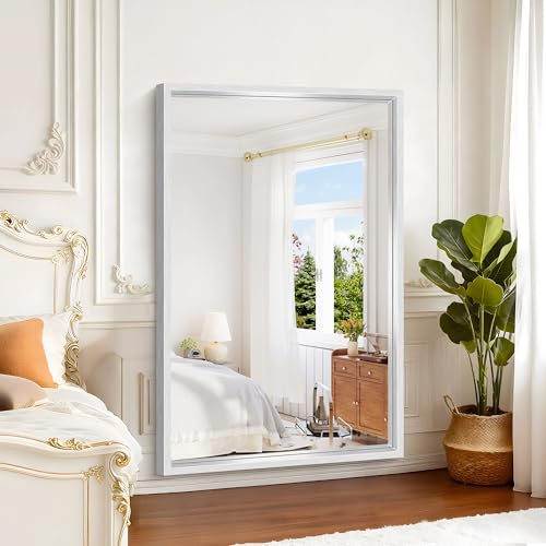 Image of 60 inchx40 inch Brushed Silver Bathroom Mirror, Large Rectangular Mirror for Wall, 0.6 inch Thickened Deep Frame Mirrors for Bathroom Sink, Shatterproof Tempered Glass, Antirust, Horizontally or Vertically