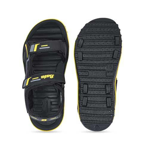 Image of Bata Men's Sports Sandals, Dual Velcro Strap, Textured Sole (BLACK /YELLOW, UK Footwear Size System, Adult, Men, Numeric, Medium, 8)
