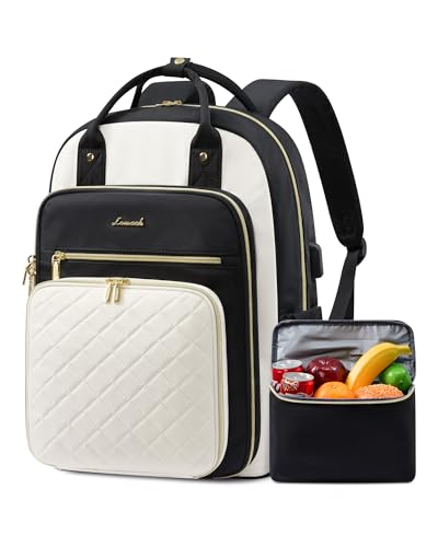 Image of LOVEVOOK Lunch Backpack for Women, 15.6 Inch Laptop Bag with Insulated Cooler Lunch Box, Work Backpack for Teacher Nurse, Travel Backpack Lunch Bag for Camping Picnic Daily Use, Black Beige