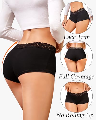 FINETOO Cotton Underwear for Women Boy Shorts Lace Boxer Briefs Soft Full Coverage Womens Panties 5 Pack S-XXL4