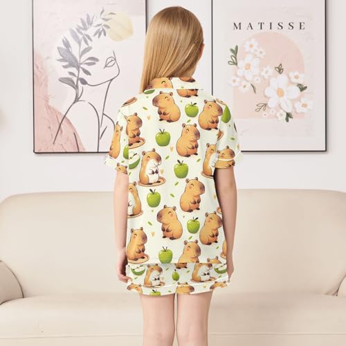 ALAZA Capybara Heart Green Satin Pajamas Set Short Sleeve Button Down Sleepwear Summer Pjs 2 Piece4