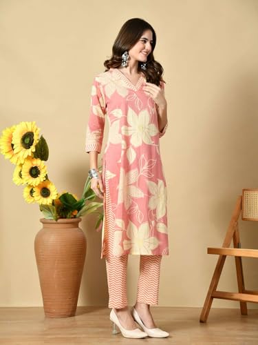 Image of Amazon Brand - Tavasya Women Cotton Anarkali Kurta Pant Dupatta Set | Printed Ethnic Suit Set | Flared Anarkali Kurta with Pant & Dupatta | Festive & Casual Wear