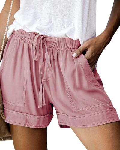 NILOINE Women's Fashion Elastic Waist Drawstring Shorts Summer Pure Color Linen Shorts Plus Size Short Pants with Pockets(1-Pink,Large)