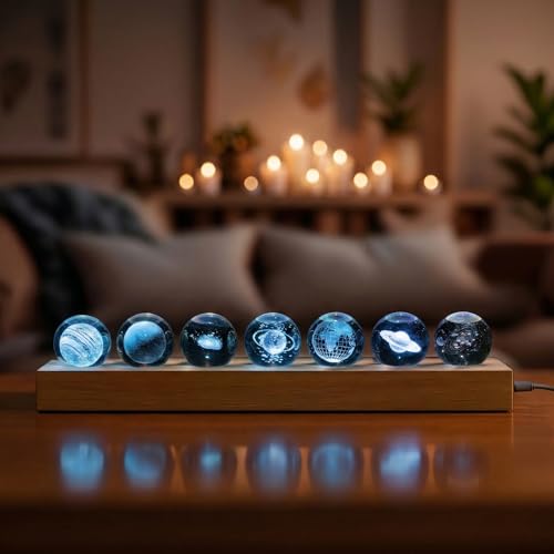 NoelWink 7 Pcs Planet Crystal Ball Night Light Lamp with LED Wooden Base, Astronomy Gifts,3D Galaxy Moon Saturn Crystal Ball Nightlight for Meditation Positive Energy Decoration Balls Set for Home
