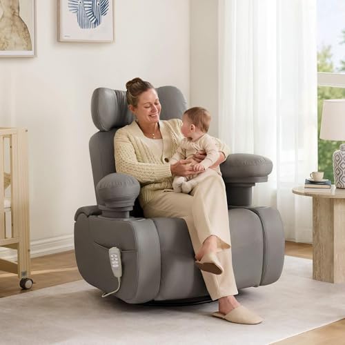 Image of MAMAZING Lullapod Max Power Nursery Rocking Chair with Independent Recline & Footrest, Swivel Nursery Recliner Glider with Electric Adjustable Armrests, Silent Rocking, Oeko-TEX Certified