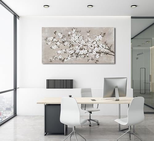 Image of VEAEE White Blossom Branches Wall Art, Floral Canvas Prints, Living Room Decor Abstract Flowers Painting Canvas Pictues, Contemporary Artwork Bedroom Office Kitchen Wall Decor Ready to Hang 24 inchx48 inch