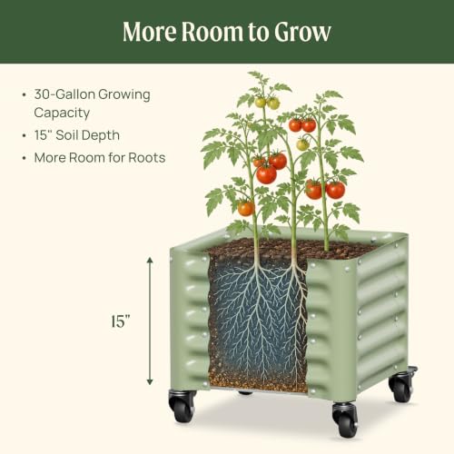 Image of Vego garden Classic Rolling Cube Tomato Planter with Metal Cage & Wheels, 30 Gallon Rolling Planter for Tomatoes, Peppers & Beans, 21 inch x 21 inch x 19 inch, 54 inch Plant Support Cage-Olive Green