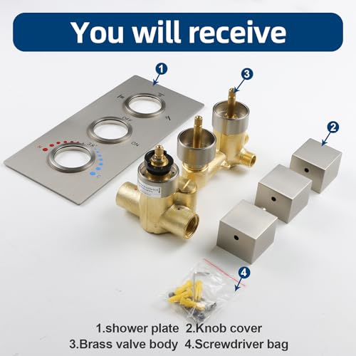 Homedec Brushed Nickel 3 Way Shower Valve Thermostatic Anti-Scald With 3 Square Knobs, Water Diverter Temperature Control Brass Rough-In Valve thumb #5