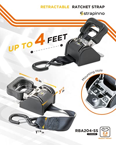 Strapinno 2Pcs Stainless Steel Retractable Ratchet Straps (1 7/8 In X 4 Ft) Transom Tie-Downs For Boat Trailer - Extra Mounting Brackets & Bolt Set, Safety Latch S-Hook, Break Strength 1,650Lbs/750Kg #TOP2