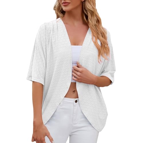 Bauzuoyo Cárdigan corto para mujer, color liso, bordado con agujeros, cárdigan suelto, informal, transpirable, con frente abierto, kimono de punto, media manga, chaqueta de entretiempo, ligera y fina