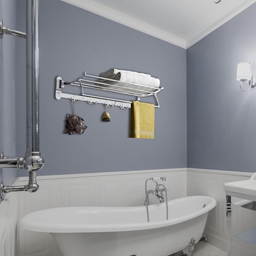 Image of Gloxy Bathroom Accessories Set Towel Rack for Bathroom 24 Inch - Bathroom Towel Hanger for Wall - Towel Stand for Bathroom - Towel Holder in Bathroom, Kithcen, Hotels, Etc.(Chrome, Foldable, 1pc)
