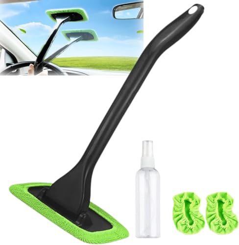 WXMMZCDB Windshield Cleaner,Car Window Cleaner Tool,Inside Cleaning Supplies Car,180° Rotating Head for Full Access,with Reusable Microfiber Pads, for Streak-Free Windows