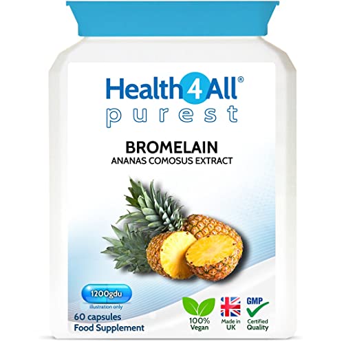 Bromelain 1200gdu 60 Capsules (V) Purest- no additives. Vegan Capsules (not Tablets) for Inflammation, Swelling and Digestion. Made in The UK by Health4All