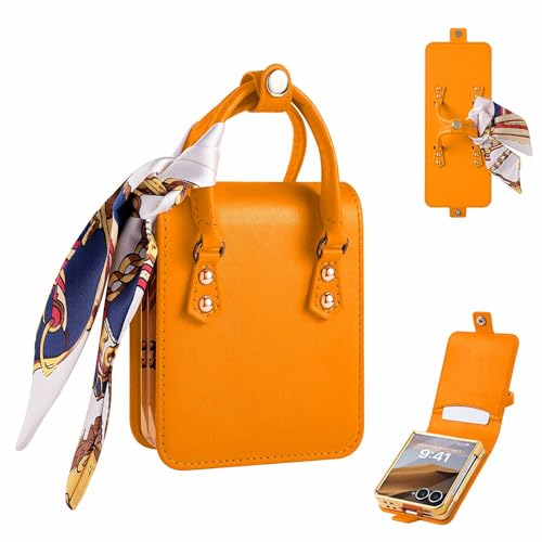 Image of for Samsung Galaxy Z Flip 7 Case, Cute Mini Handbag Wallet Phone Case with Card Holder, Silk Scarf & Handle Strap, Luxury PU Leather Protective Cover - Yellow