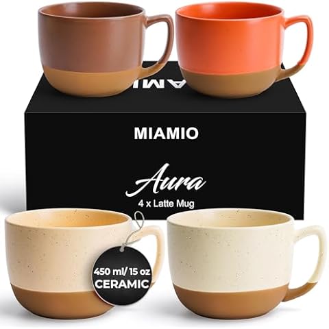 MIAMIO – 15 Ounce, Set of 4 Ceramic Latte Mug – Elegant Modern Coffee Mug Set for Cafe, Latte, Tea, Hot Cocoa - Drinks Dishwasher & Microwave Safe – Perfect for Home and Office – Aura Collection Cover