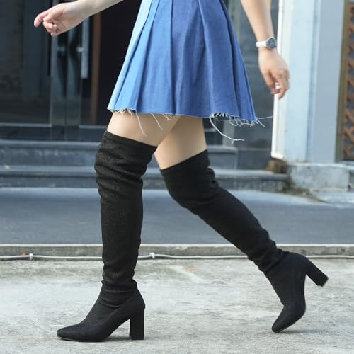 Hawkwell Women's Comfort Chunky Thigh High Boots Pointy-toe and High-heel Party Wedding Shiny Dressy Over The Knee Boots2