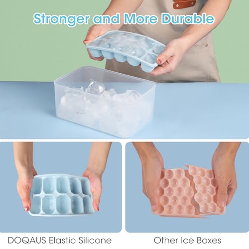 DOQAUS Ice Cube Tray with Lid and Bin, 4 Pack Silicone Plastic Ice Cubes Trays for Freezer with Box/Container, Stackable with Storage Iced Bucket Kits, Scoop, for RV, Soup, Food, Cocktail, Coffee