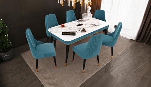 Image of WOODEN SPACE 6-Seater Wooden Dining Table Set | Nano Composite Marble Top | Solid Wood Base | Modern Dining Room Furniture with 6 Chairs (Sky Blue Vento)