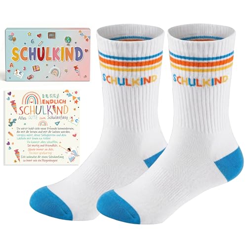 Werfunee Einschulung Geschenk Schulkind Socken 25-34 für Mädchen Jungen Geschenke zur Einschulung & Schultüte Füllung mit Karte & Geschenkbox Spruch zum Schulanfang 2026 (Blau)