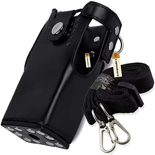 Lsgoodcare Black Hard Leather Carrying Holder Holster Case with Adjustable Shoulder Strap Compatible with Motorola 2 Way Radio HT1250 HT1550 GP320 GP340 GP380 GP338