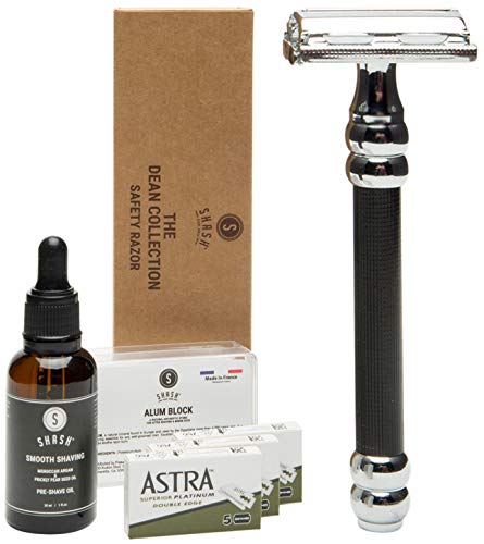 SHASH Dean Collection Double Edge Butterfly Safety Razor, Black, Provides Super Close Shave, Includes Astra Blades, Alum Block and Pre Shave Oil - Stylish Design - Premium Quality Brass and Chrome