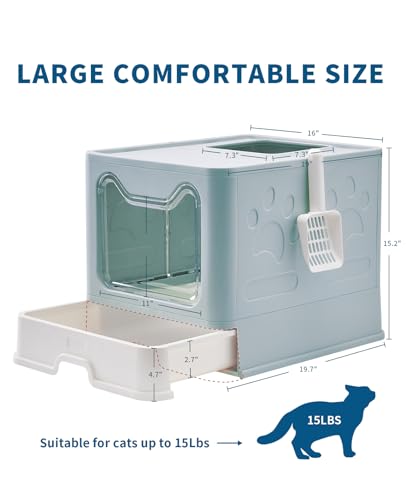Image of Medario Cat Litter Box with Litter Mat and Scoop, Large Covered Litter Box with Lid, Enclosed Kitty Box, Front Entry Top Exit, Odor Control, Easy to Clean (Blue)