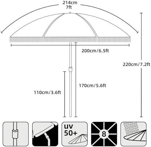 AMMSUN 7ft Patio Umbrella with Fringe Outdoor Tassel Umbrella UPF50+ Premium Steel Pole and Ribs Push Button Tilt, Cow Polka Dots