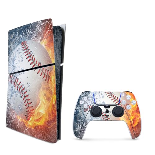 MightySkins Glossy Glitter Skin Compatible with Playstation 5 PS5 Slim Digital Edition Bundle - Baseball Fire | Protective, Durable High-Gloss Glitter Finish | Easy to Apply | Made in The USA