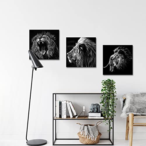 Kreative Arts - 3 Panels Lion King Black And White Canvas Prints Wall Art Modern Painting Wall Pictures For Living Room Office Decoration Ready To Hang (12X12Inchx3Pcs/Set) #TOP2