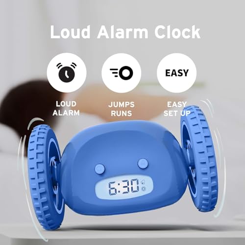Image of CLOCKY Alarm Clock on Wheels - Loud Rolling Alarm Clock for Heavy Sleepers | Runaway Clock that Jumps & Runs to Wake You Up | Funny Unique Gift for Adults, Teens & Kids Bedrooms(Blue)