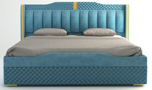 Image of Luxury Queen Size Upholstered Storage Bed with Diamond Tufted Padded Headboard | Premium Velvet Fabric Platform Bed Frame | Solid Wood Structure | Modern Bedroom Furniture | Ocean Blue