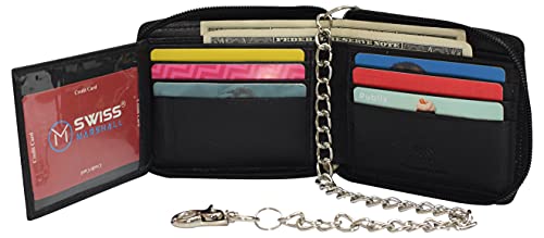 Men's Zipper RFID Blocking Premium Leather Zip-Around ID Bifold Biker Chain Wallet (Black)2