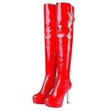 lackstiefel high heels MISSUIT Damen Lack Plateau Overknee Stiefel High Heels Stiefel Stiletto Reißverschluss Schnallen Herbst Winter Boots(Rot,39)