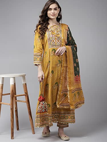Image of INDO ERA Women's Embroidered Cotton Blend Anarkali Kurta With Pant & Dupatta Set (RRRRR8108)