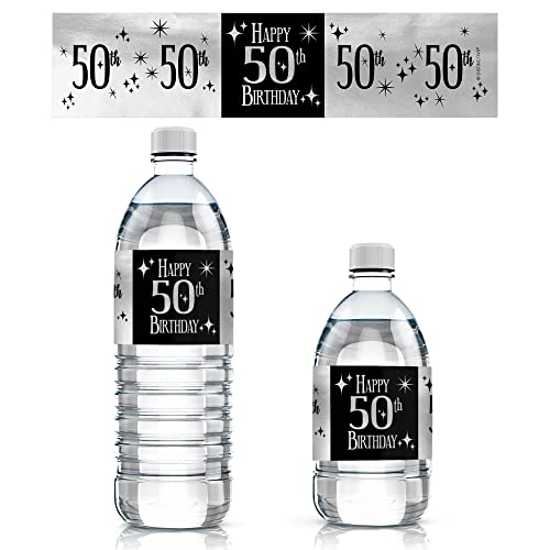 Silver Foil and Black 50th Birthday Water Bottle Labels - 20 Stickers, Waterproof 50th Party Decorations
