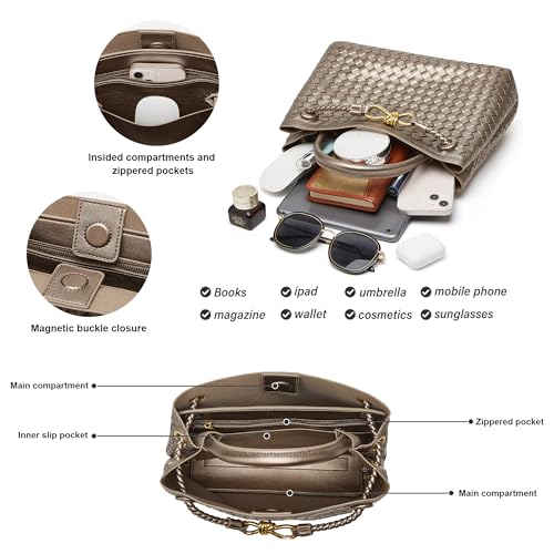 Woven Bag for Women Crossbody Handbag: Vegan Leather Small Tote Purse - Trendy Shoulder Handbag - Bowknot Satchels (Large, Light Copper and Silver)3