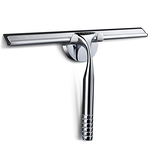 E-PRANCE Shower Window Squeegee, Deluxe Stainless Steel Squeegee for Bathroom Mirror Wiper, Window Glass Cleaning, Longer Handle with Stripes for Easy Grip (A)