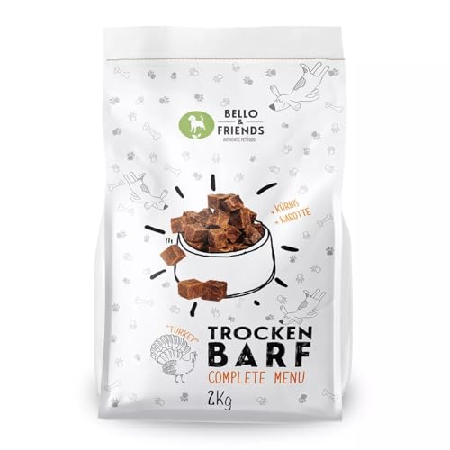 Bello & Friends Trockenbarf Complete Pute, Hundefutter luftgetrocknet ohne Zusätze, Trockenfutter mit Obst und Gemüse, 2 kg