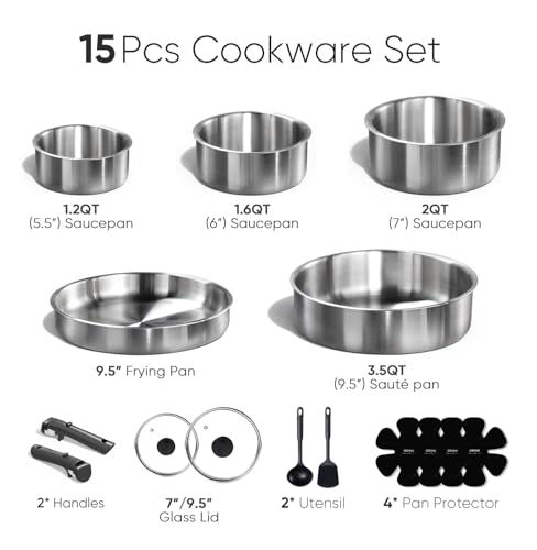 CAROTE Pots and Pans Set, Stainless Steel Cookware Set Detachable Handle, 9pcs Induction Kitchen Cookware Sets with Removable Handle, RV Cookware Set, Oven Safe