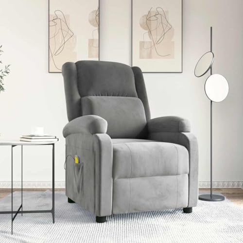 Kaloriko Sillón de masaje de terciopelo gris claro con 6 puntos de vibración, función reclinable manual, respaldo ajustable y reposapiés, ergonómico para salón y oficina