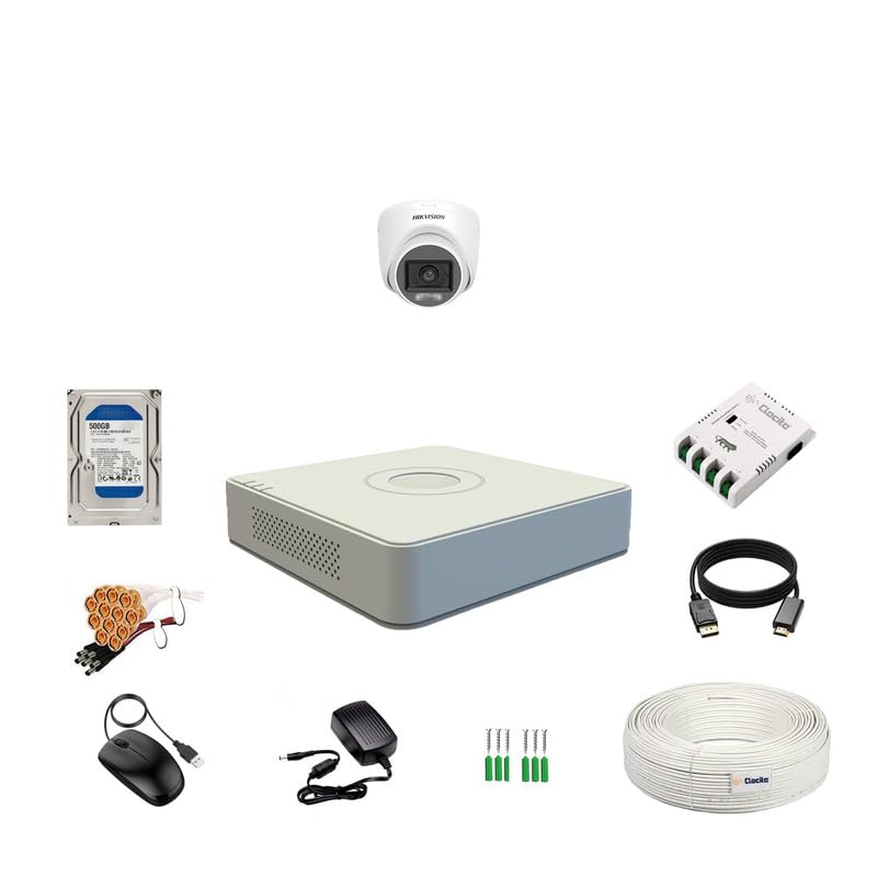 Image of Clocite HIKVISION 3K /5MP 4 Channel DVR, 3K (5MP) 1 Dome Cameras [Color Night Vision + Built-in Audio MIC + SMART Dual Light + Motion Detection] + 500 GB HDD 4 CH SMPS + CCTV Cable + BNC /DC