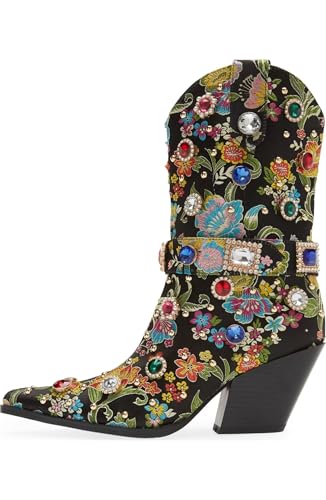 Western Cowboy Boots For Women Flower Embroidered Rhinestone Mid Calf Pointed Toe Chunky Heel Cowgirl Boots2