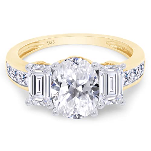 SAVEARTH DIAMONDS Three Stone Ring, Center 8X6MM Oval Cut With Baguette And Princess Cut Sparkling Cubic Zirconia Engagement Ring In 14k Gold Over Sterling Silver Jewelry For Women3