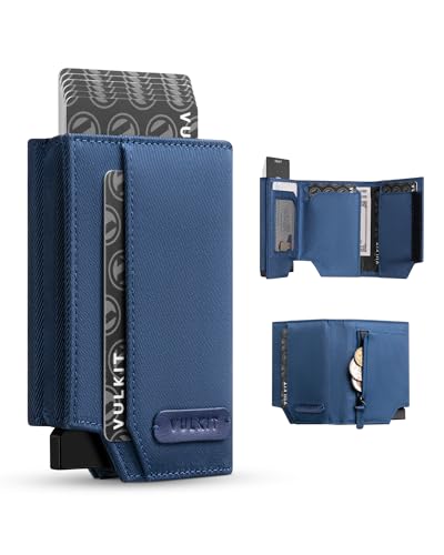 VULKIT Mens Wallet for Max.12 Cards with Pop-Up Credit Card Ejector Case, ID Window, Cash/Bills Compartment and Coin Pocket, Hook and Loop Tape Closure, Giftbox Packed, Blue Oxford Fabric